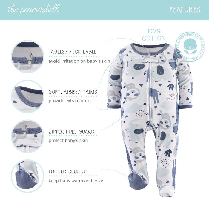 The Peanutshell Blue Safari Footed Baby Sleepers 3-Pack