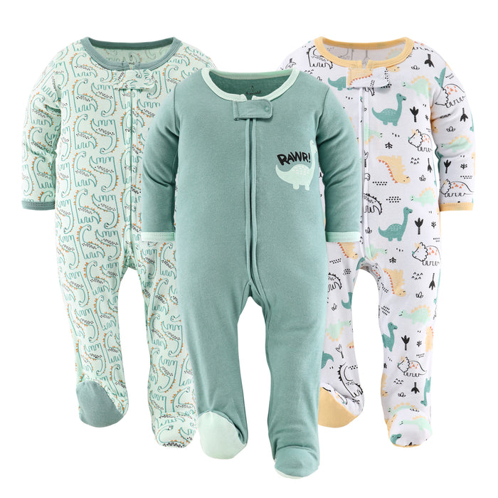 The Peanutshell Green Dino Footed Baby Sleepers 3-Pack