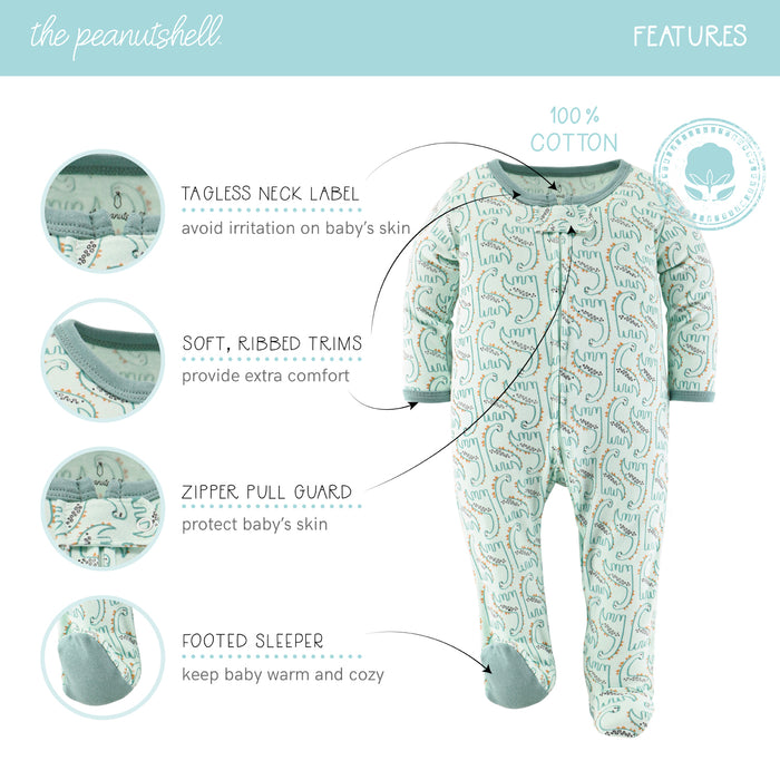 The Peanutshell Green Dino Footed Baby Sleepers 3-Pack