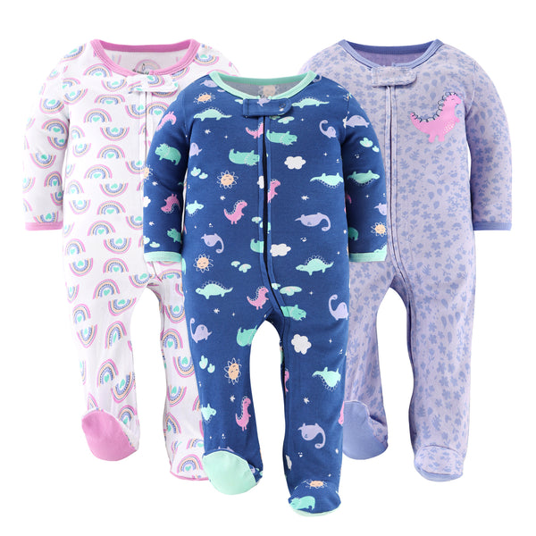 The Peanutshell Dino Girl Footed Baby Sleepers 3-Pack