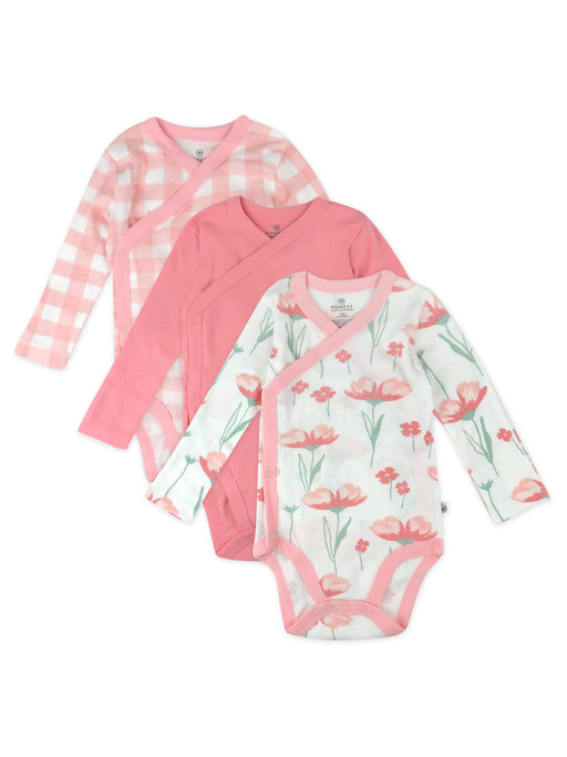 Honest Baby Clothing 3 Pack Organic Cotton Long Sleeve Side Snap Bodysuits, Strawberry Pink Floral