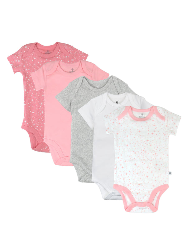 Honest Baby Clothing 5-Pack Organic Cotton Short Sleeve Bodysuits, Twinkle Star Pink