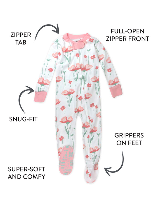 Honest Baby Clothing Organic Cotton Strawberry Pink Floral Snug Fit Footed Pajamas