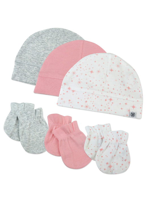 Honest Baby Clothing 6 Piece Organic Cotton Cap and Mitt Set, Twinkle Star Pink