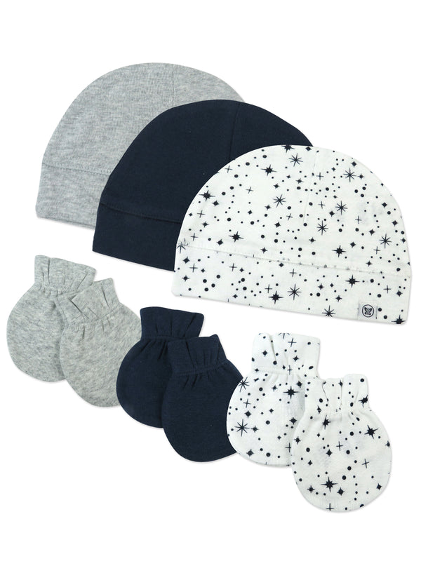 Honest Baby Clothing 6 Piece Organic Cotton Cap and Mitt Set, Twinkle Star Navy