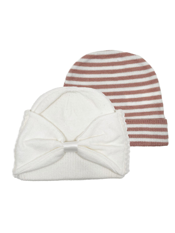 NYGB Trimmed Bow and Stripe Knit Hats in Ivory/Pink