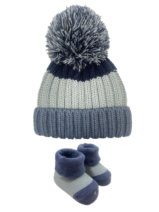 Angelface Chunky Cable Turncuff Hat with Yarn Pom and Bootie Set in Midnight