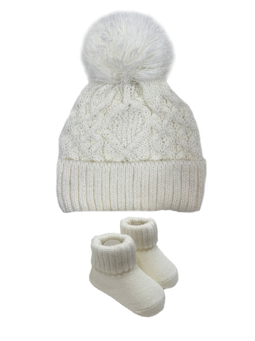 Angelface Fishermen Cable Yarn Pom Turncuff Hat and Bootie Set in Ivory