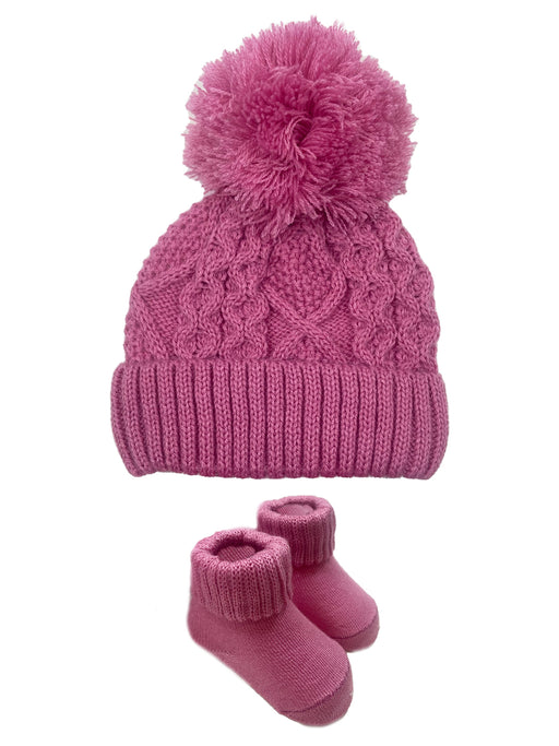 Angelface Fishermen Cable Yarn Pom Turncuff Hat and Bootie Set in Rose