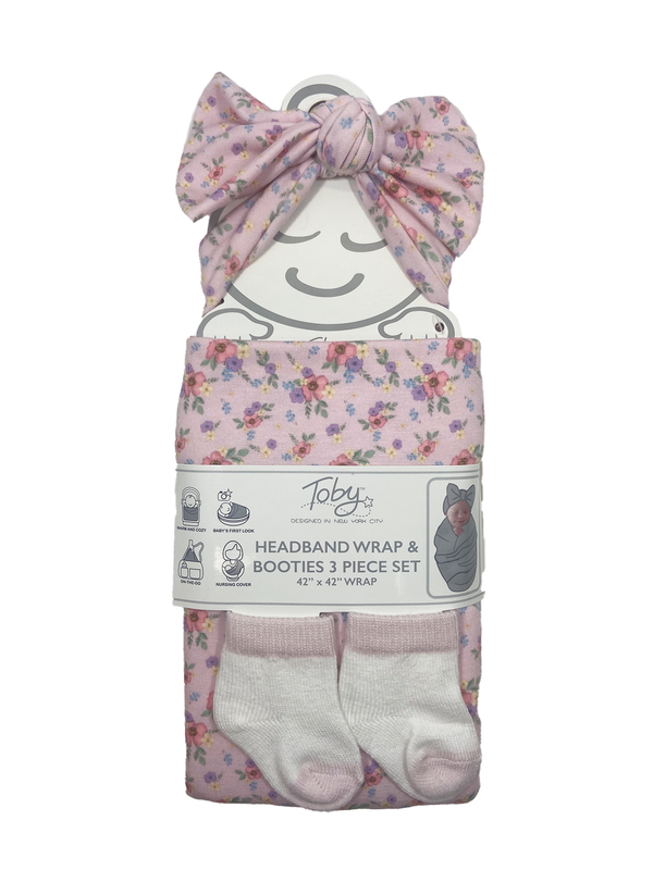 Toby Fairy Watercolor Ditsy Headband, Wrap and Socks 3pc Set - Precious Pink