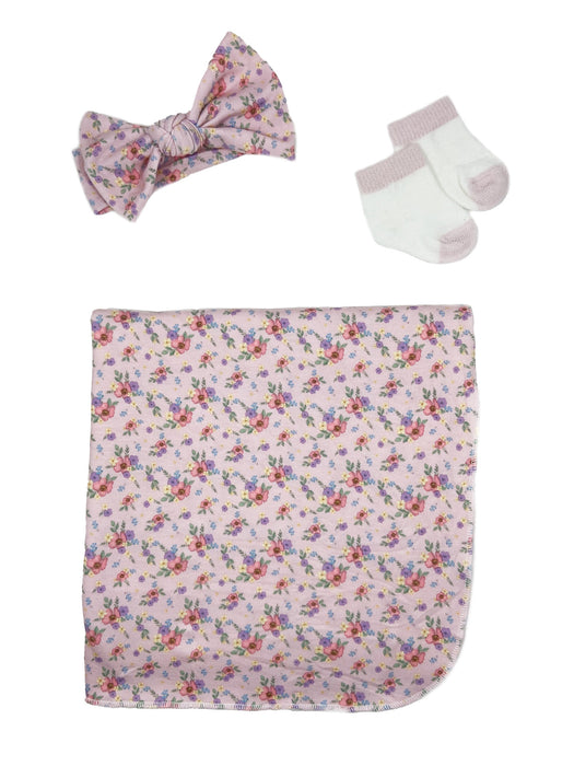 Toby Fairy Watercolor Ditsy Headband, Wrap and Socks 3pc Set - Precious Pink