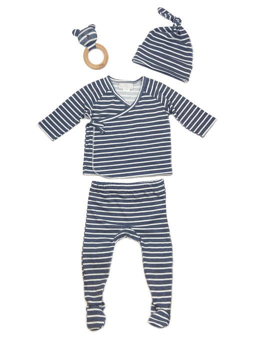 Toby Fairy Ryder Stripe Wrap Top, Footie Bottom, Knot Hat and Rattle in Dusk