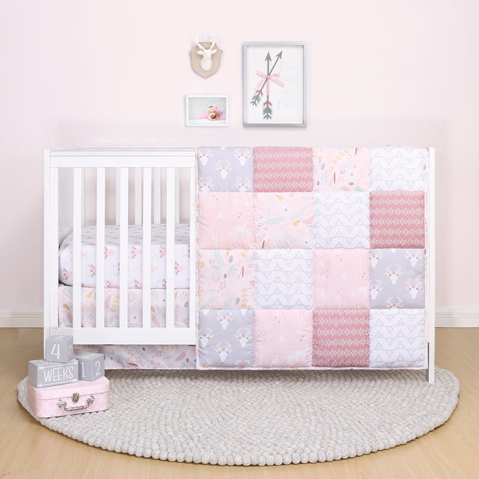 The Peanutshell Crib Bedding Set for Baby Girls, 3 Piece Pink Woodland Floral Nursery Set