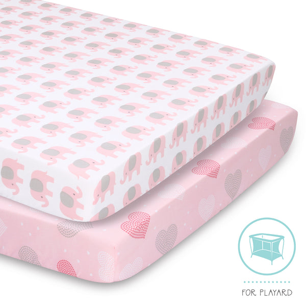 The Peanutshell Playard Sheets - Pink Elephant/Hearts