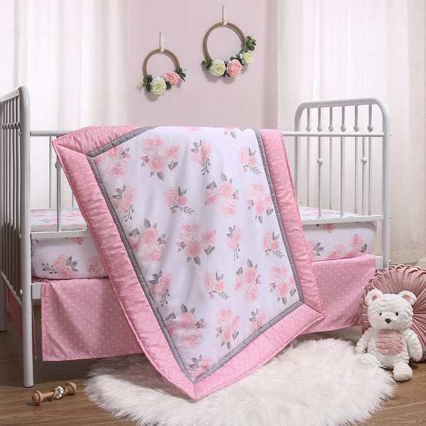 The Peanutshell Crib Bedding Set for Baby Girls, 3 Piece Pink Floral Nursery Set