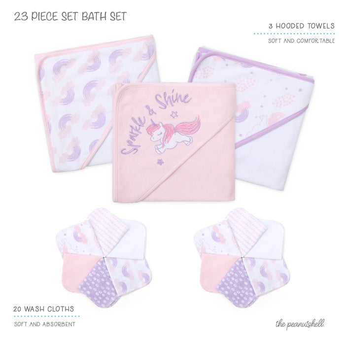 The Peanutshell Unicorn Rainbow 23-Piece Baby Bath Towel Set in Pink/Purple/White