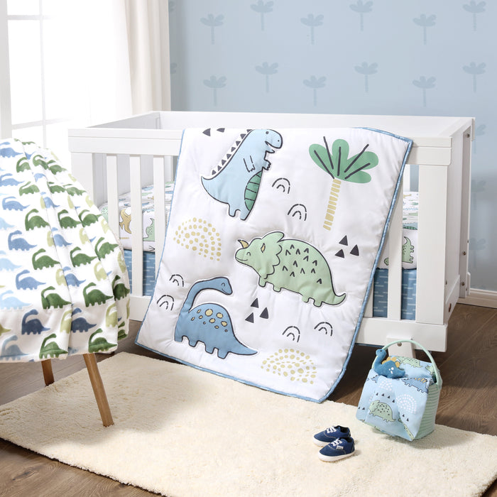 The Peanutshell Blue Dino 5-Piece Baby Crib Bedding Set and Blanket