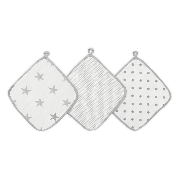 aden + anais Essential Cotton Muslin Washcloths 3 pack Dusty Gray Stars