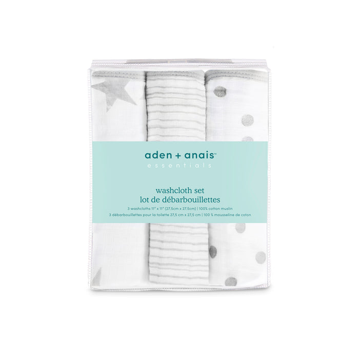 aden + anais Essential Cotton Muslin Washcloths 3 pack Dusty Gray Stars