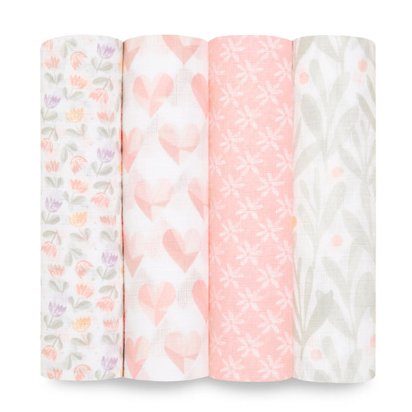 aden + anais Cotton Muslin Swaddles 4 pack Piece of My Heart pink