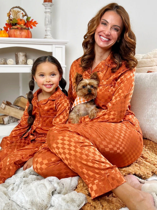 Mia Belle Girls Mommy and Me Pumpkin Spice Checkered Silk Pajamas