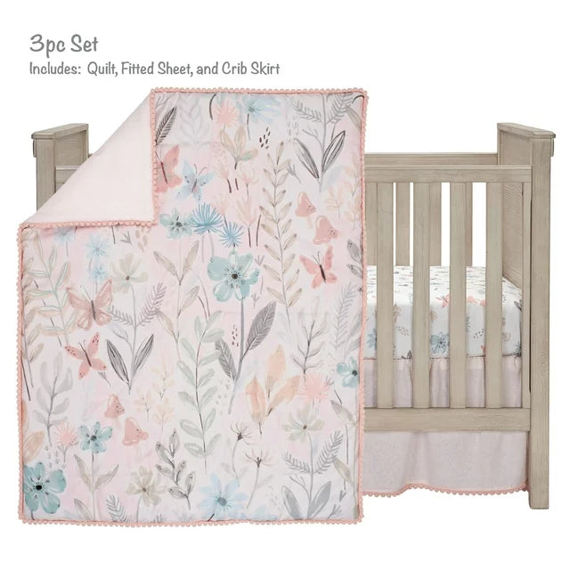 Lambs & Ivy Baby Blooms 3-Piece Pink Floral/Butterfly Baby Crib Bedding Set