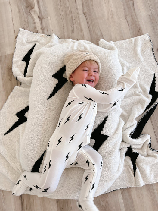 forever french baby Bamboo Zip Pajamas | White & Black Lightning Bolt