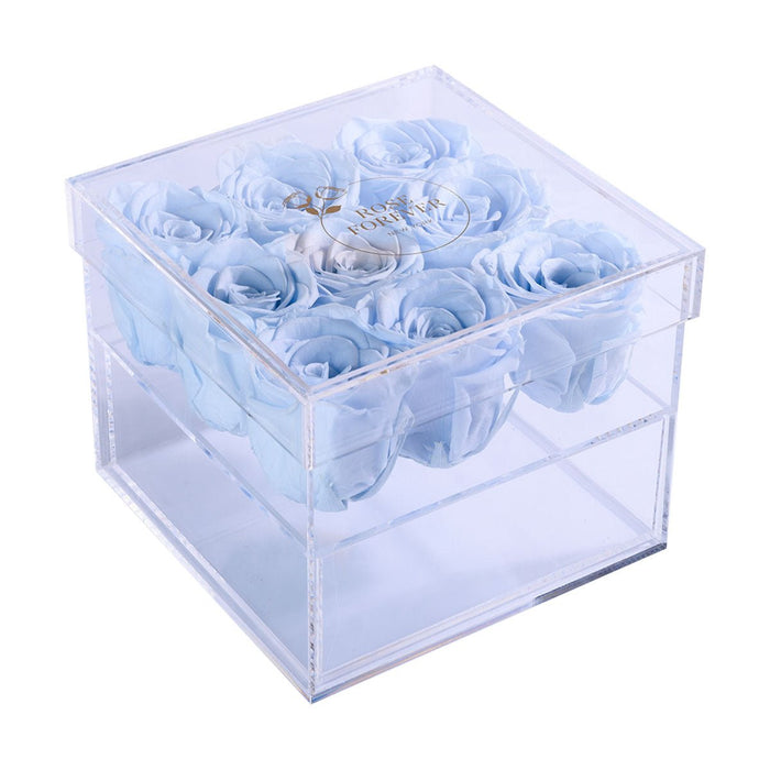 Rose Forever 9 Baby Blue Roses - Square Crystal Box