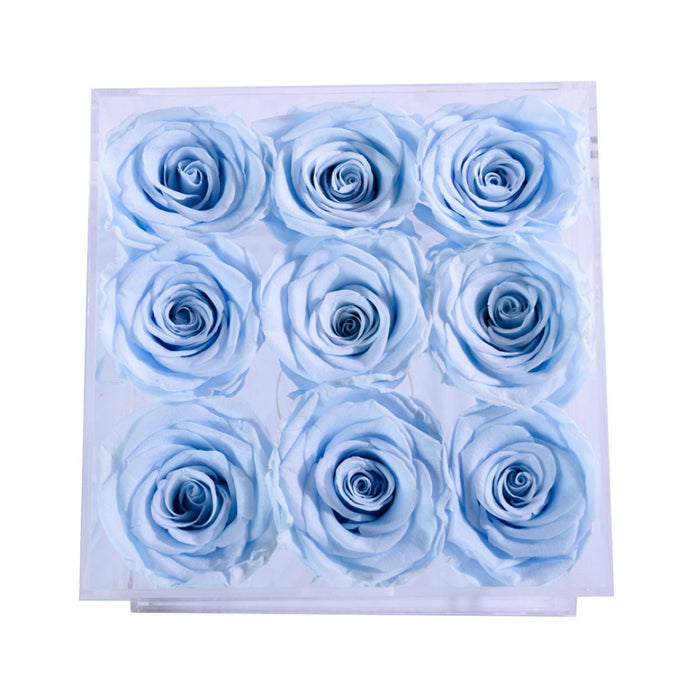 Rose Forever 9 Baby Blue Roses - Square Crystal Box