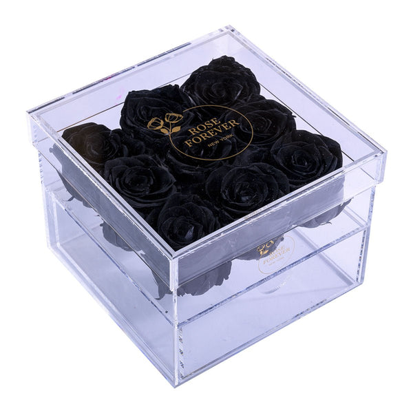 Rose Forever 9 Black Roses - Square Crystal Box