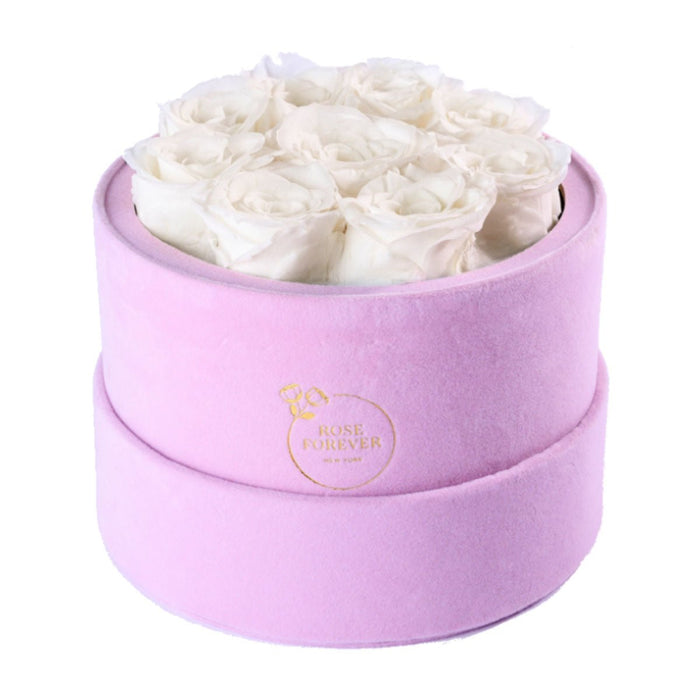 Rose Forever 9 Ivory Roses - Pink Round Suede Box