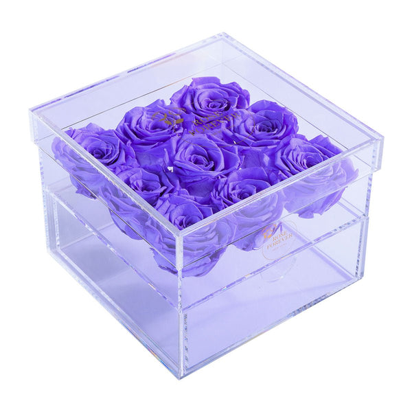 Rose Forever 9 Lavender Roses - Square Crystal Box