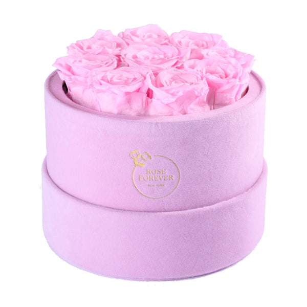 Rose Forever 9 Light Pink Roses - Pink Round Suede Box