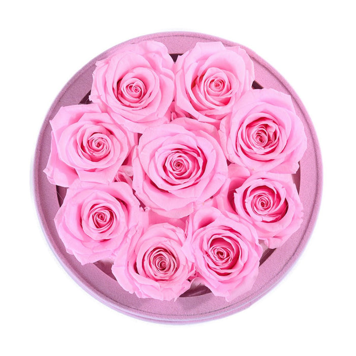 Rose Forever 9 Light Pink Roses - Pink Round Suede Box