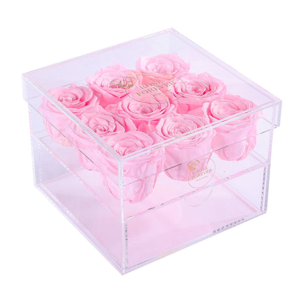 Rose Forever 9 Light Pink Roses - Square Crystal Box