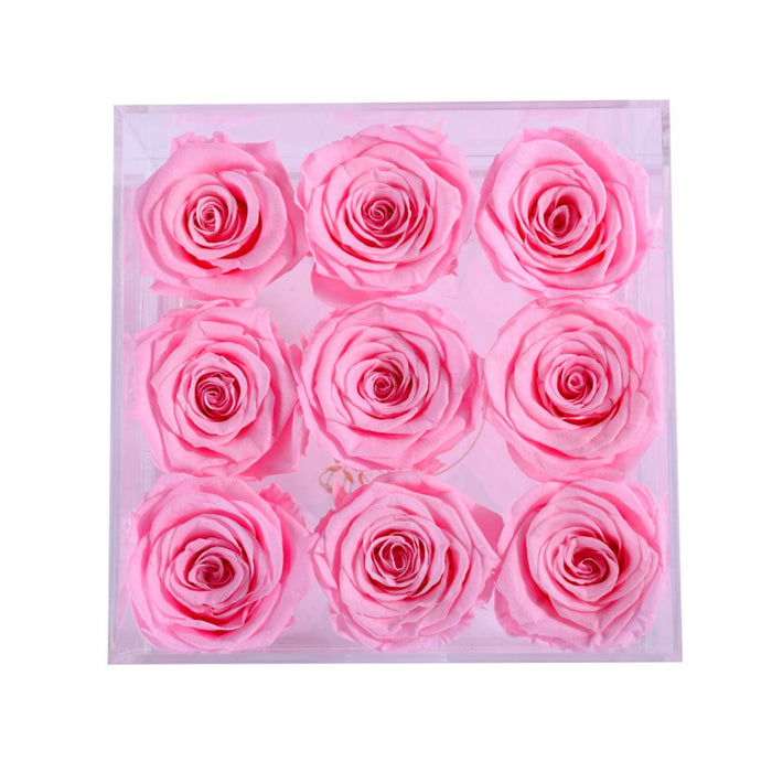 Rose Forever 9 Light Pink Roses - Square Crystal Box