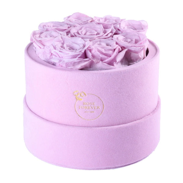 Rose Forever 9 Lilac Roses - Pink Round Suede Box