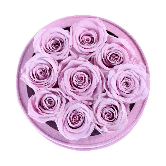 Rose Forever 9 Lilac Roses - Pink Round Suede Box