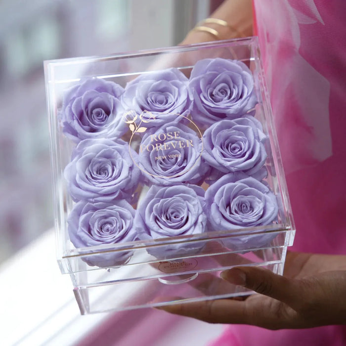 Rose Forever 9 Lilac Roses - Square Crystal Box