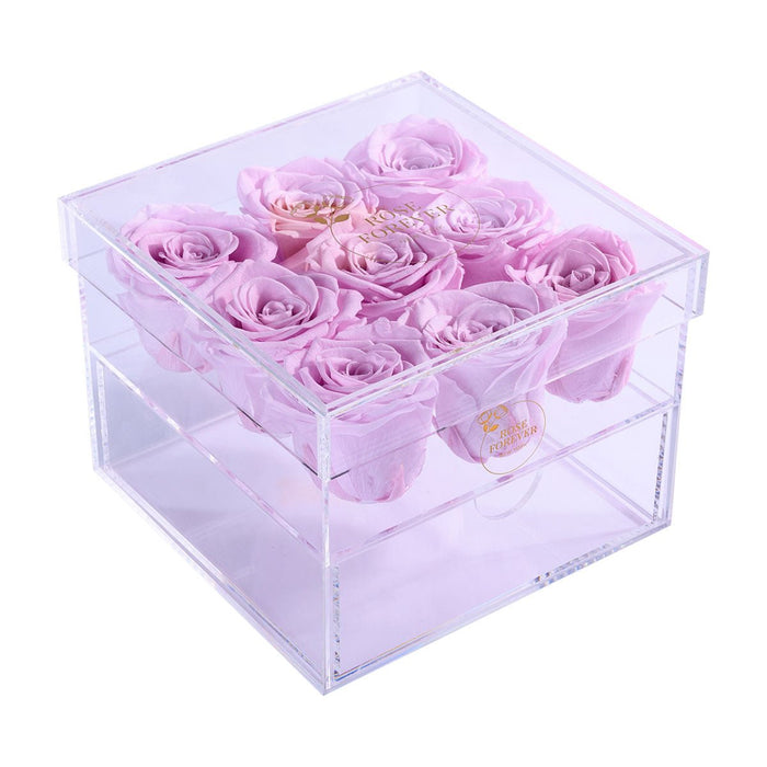 Rose Forever 9 Lilac Roses - Square Crystal Box