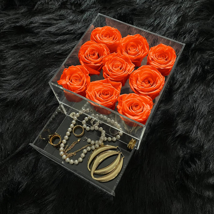 Rose Forever 9 Orange Roses - Square Crystal Box