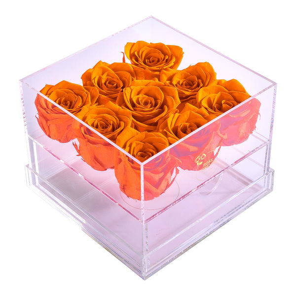 Rose Forever 9 Orange Roses - Square Crystal Box