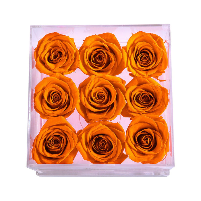 Rose Forever 9 Orange Roses - Square Crystal Box