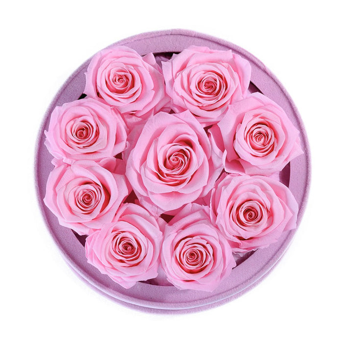 Rose Forever 9 Pink Roses - Pink Round Suede Box