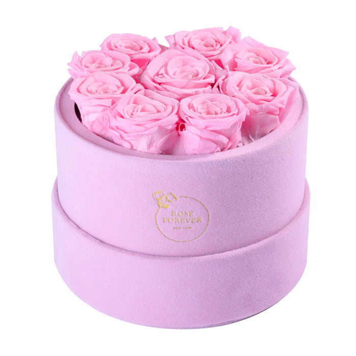 Rose Forever 9 Pink Roses - Pink Round Suede Box