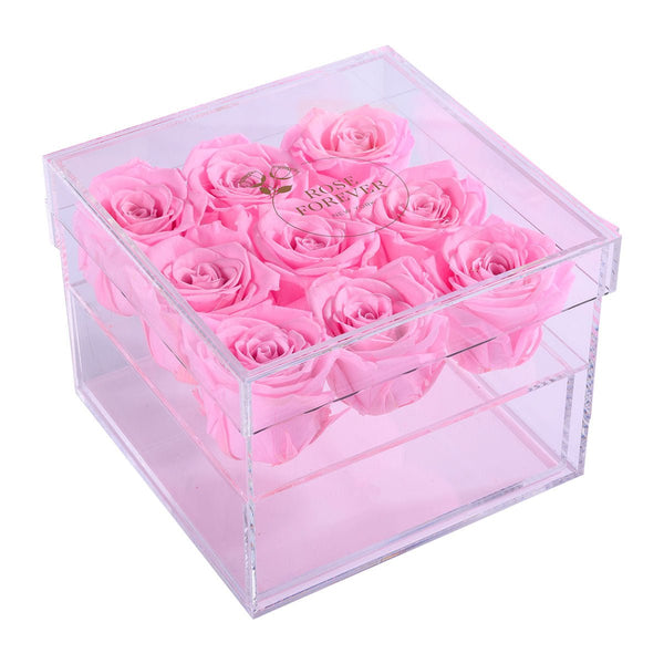 Rose Forever 9 Pink Roses - Square Crystal Box