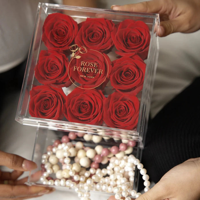 Rose Forever 9 Red Roses - Square Crystal Box