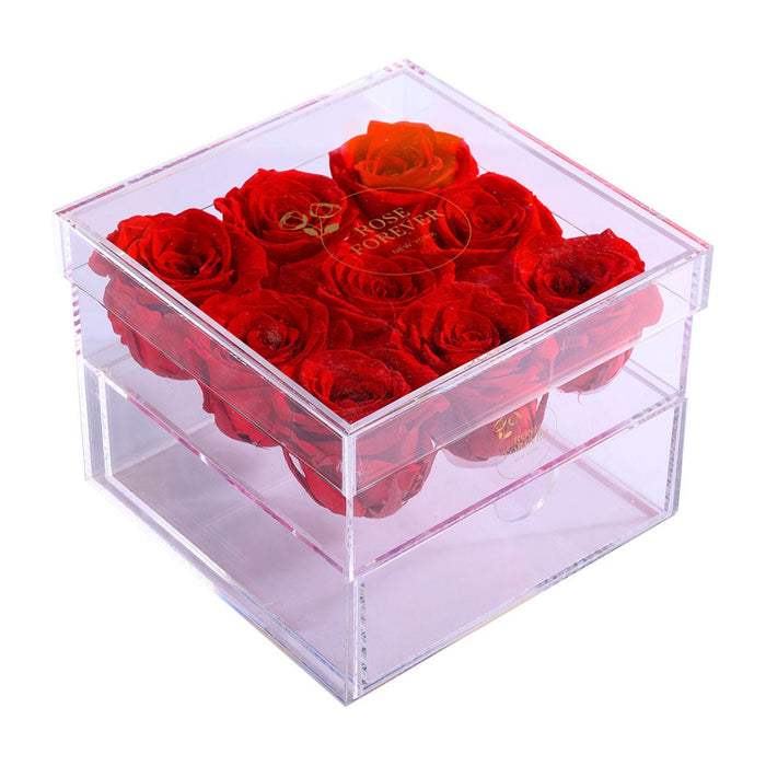 Rose Forever 9 Red Roses - Square Crystal Box