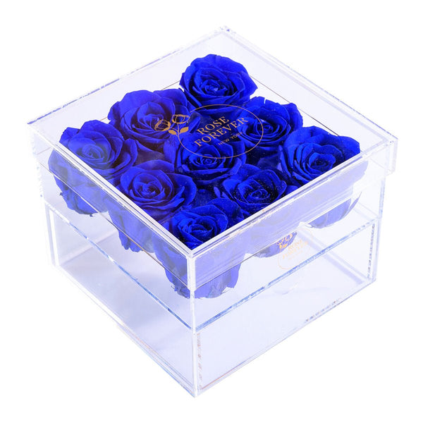 Rose Forever 9 Royal Blue Roses - Square Crystal Box