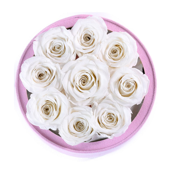 Rose Forever 9 White Roses - Pink Round Suede Box